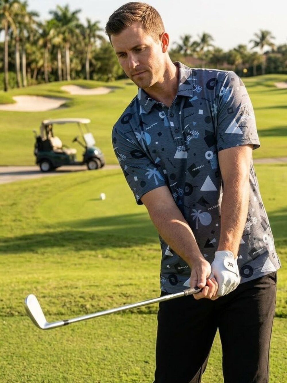 TRAVIS MATHEW Size XXL Mens Park It Golf Cart Polo Shirt Gray Geometric Shapes